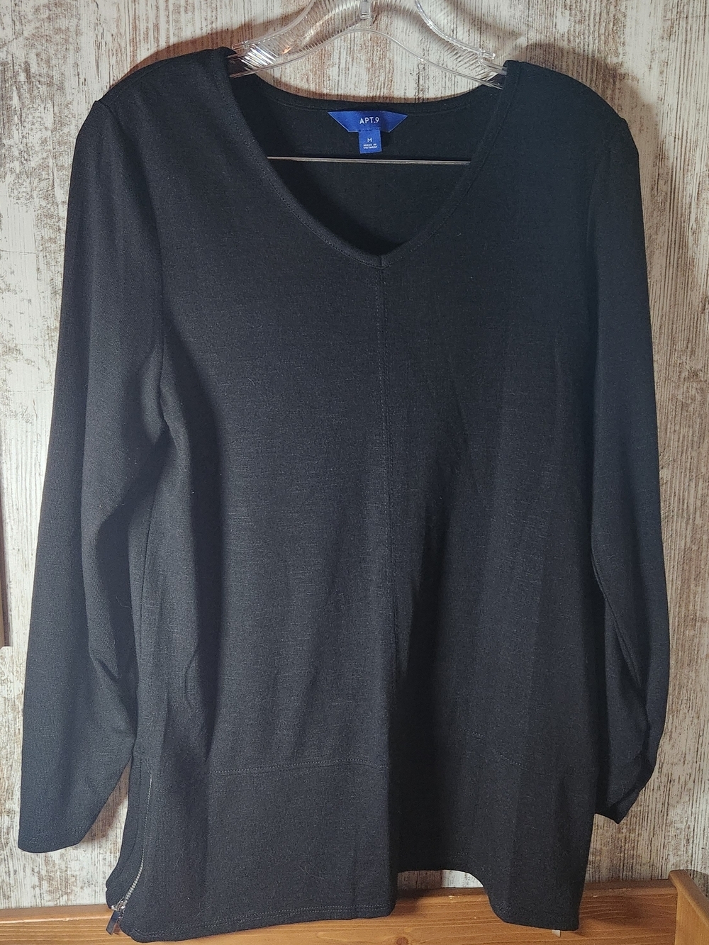 Apt. 9 Black V-Neck Sweater Top Size M Side Zipper Accent Cinch Long Sleeve